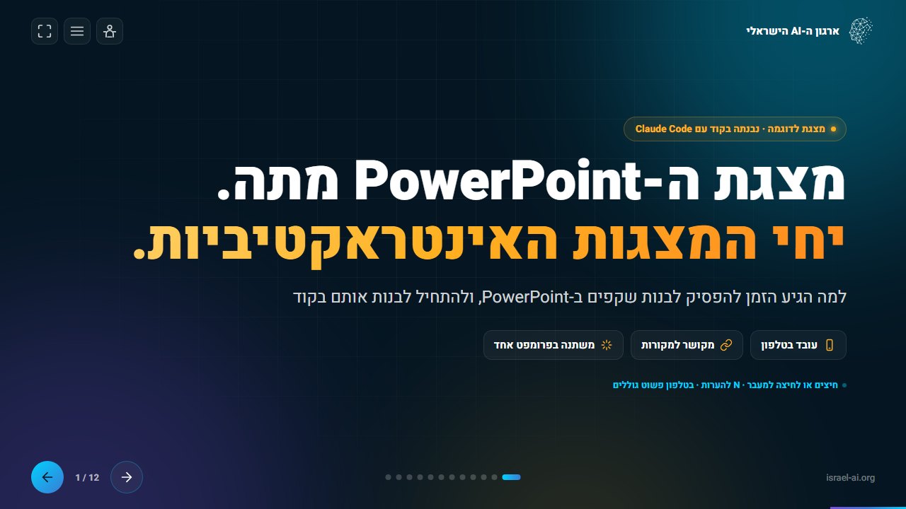 שקף הפתיחה של המצגת לדוגמה, שנבנתה כולה בקוד עם Claude
