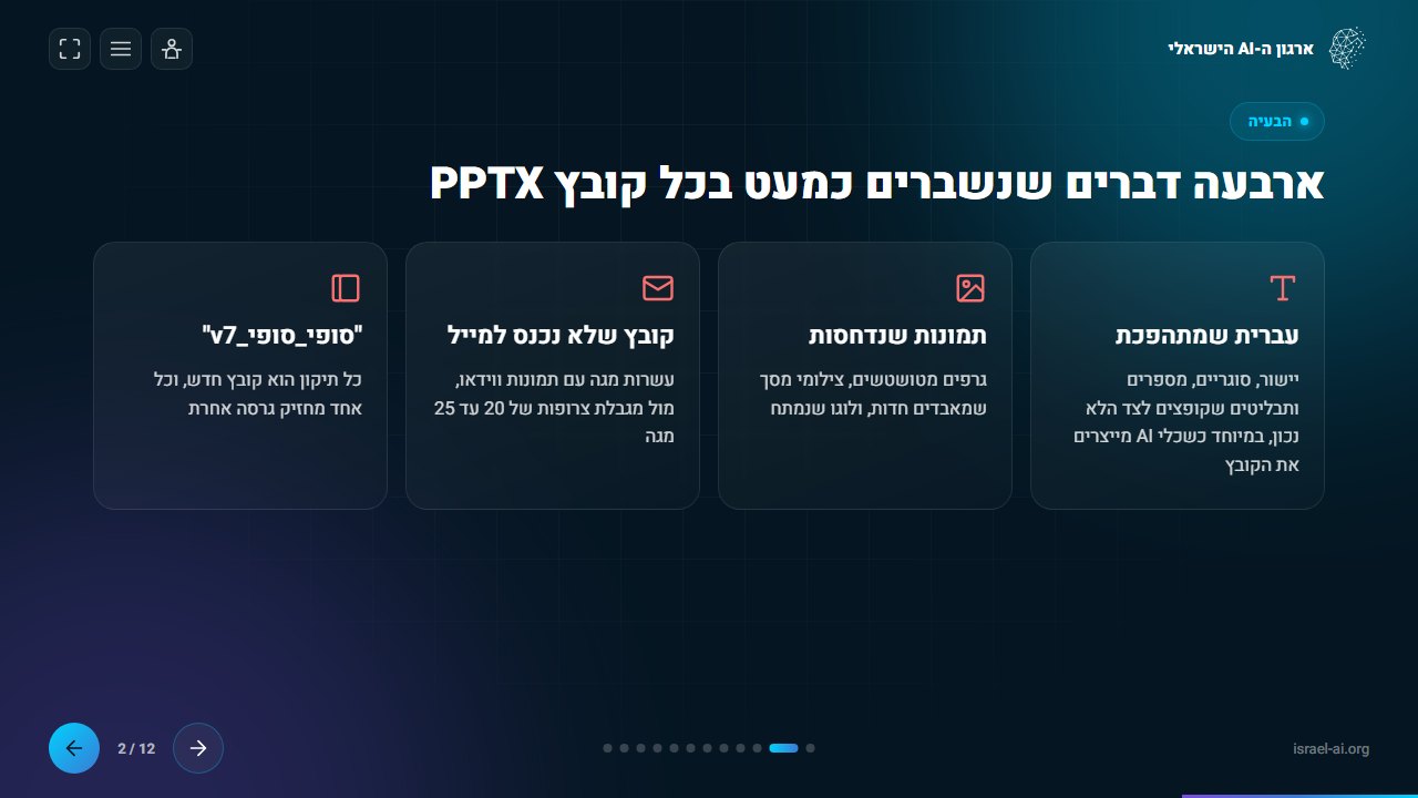 ארבע הבעיות של קובצי PPTX, כפי שהן מוצגות במצגת לדוגמה